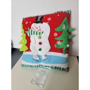 Vintage Christmas Pillow 13" x 13" Skating Snowman on Pond Trees Holiday Time